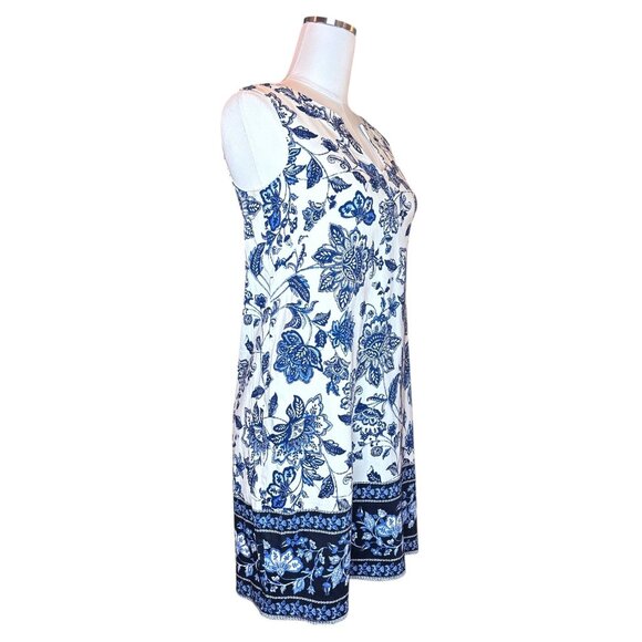 Boho Blue Floral Border Print Shift Dress Size 6 Sleeveless Summer Mediterranean - Picture 5 of 16